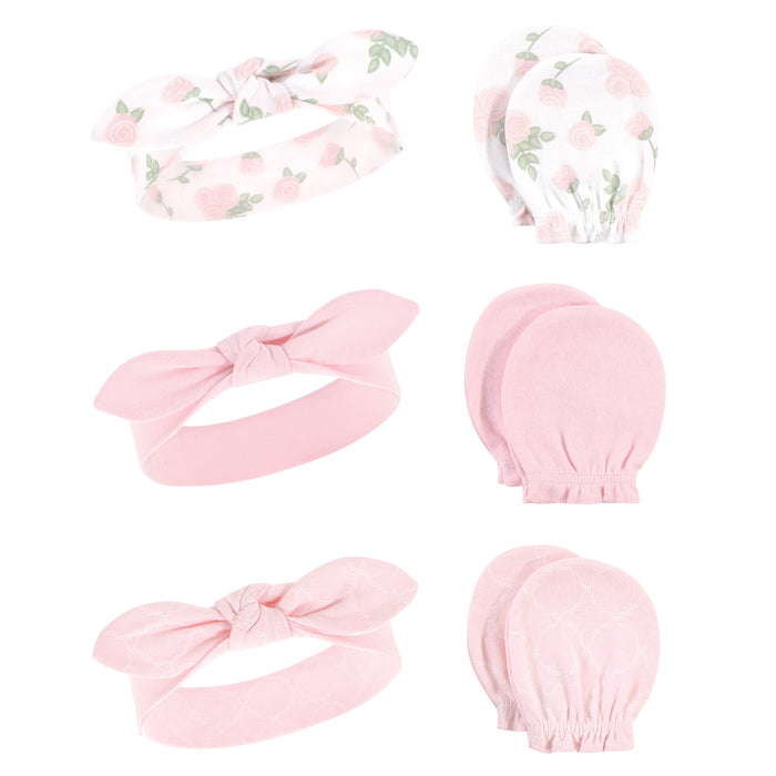 Hudson Baby Infant Girl Cotton Headband and Scratch Mitten 6 Piece Set, Roses