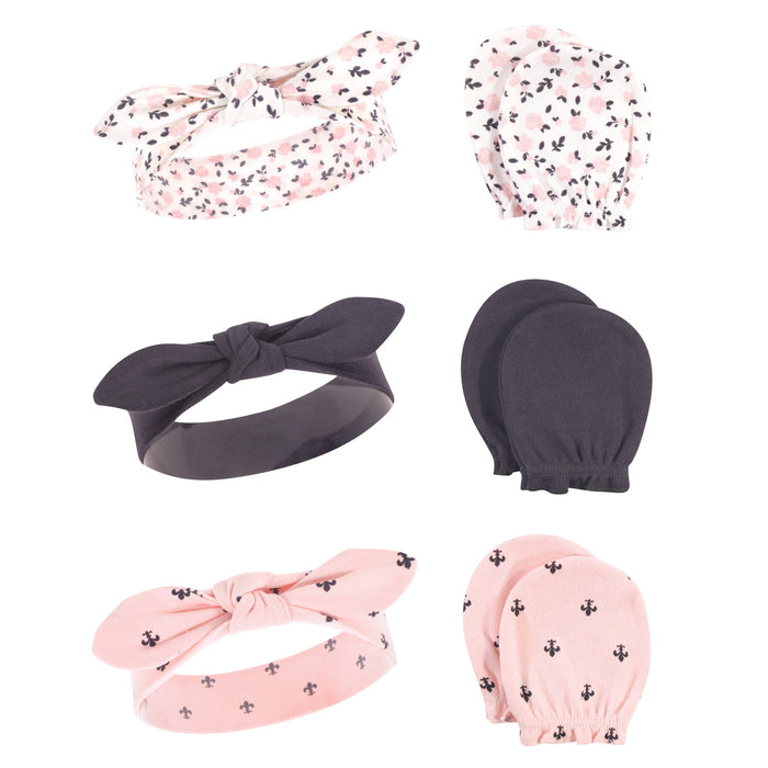 Hudson Baby Infant Girl Cotton Headband and Scratch Mitten 6 Piece Set, Berry Floral