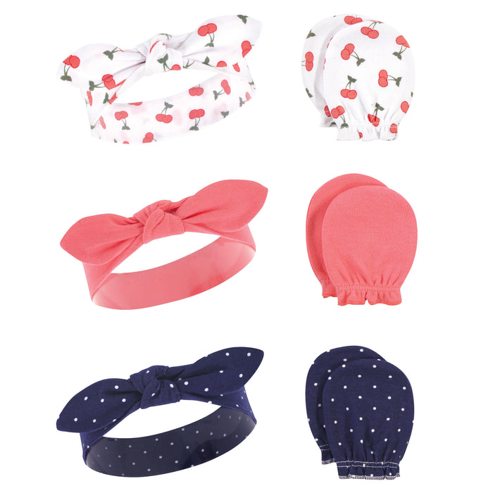 Hudson Baby Infant Girl Cotton Headband and Scratch Mitten 6 Piece Set, Cherries