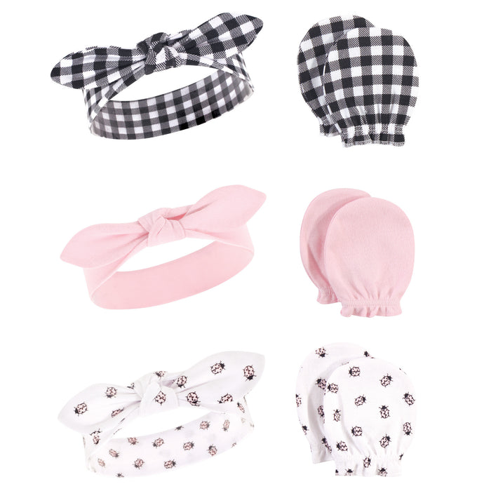 Hudson Baby Infant Girl Cotton Headband and Scratch Mitten 6 Piece Set, Lady Bug