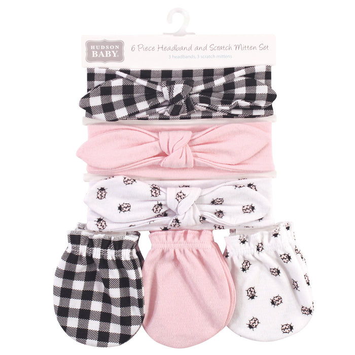 Hudson Baby Infant Girl Cotton Headband and Scratch Mitten 6 Piece Set, Lady Bug