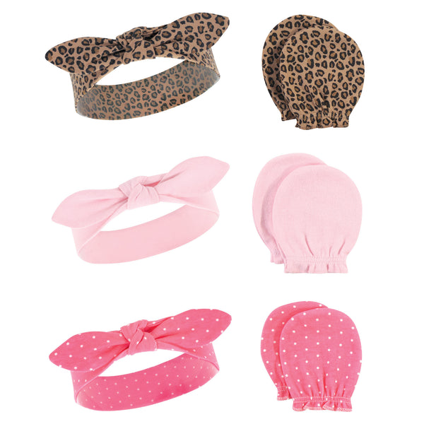 Hudson Baby Infant Girl Cotton Headband and Scratch Mitten 6 Piece Set, Leopard