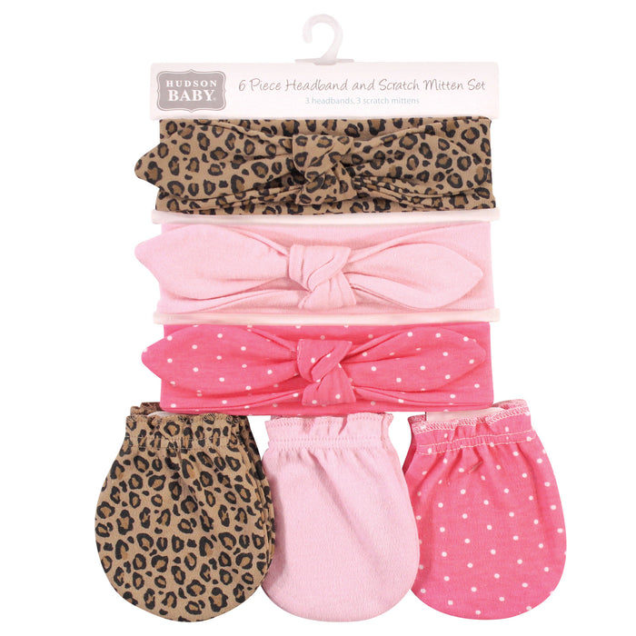 Hudson Baby Infant Girl Cotton Headband and Scratch Mitten 6 Piece Set, Leopard