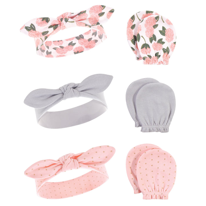 Hudson Baby Infant Girl Cotton Headband and Scratch Mitten 6 Piece Set, Pink Peony