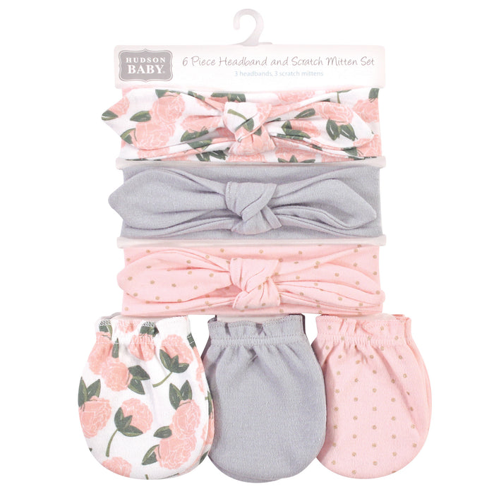 Hudson Baby Infant Girl Cotton Headband and Scratch Mitten 6 Piece Set, Pink Peony