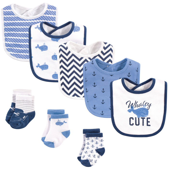 Hudson Baby Infant Boy Cotton Bib and Sock Set 8 Pack, Whaley Cute, One Size