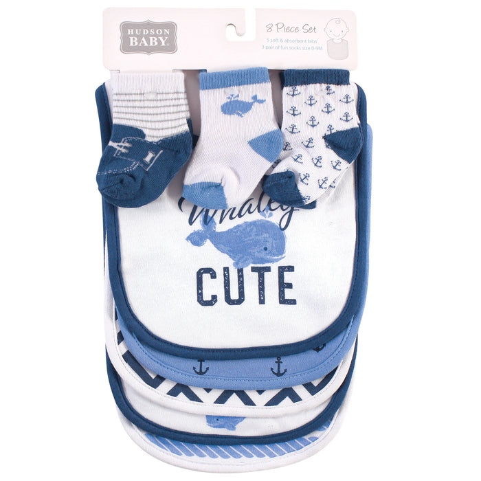 Hudson Baby Infant Boy Cotton Bib and Sock Set 8 Pack, Whaley Cute, One Size