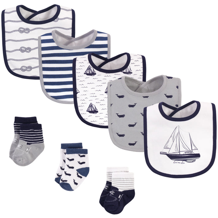 Hudson Baby Infant Boy Cotton Bib and Sock Set 8 Pack, Sail The Sea, One Size
