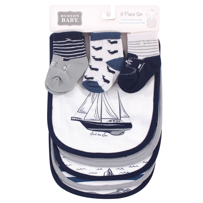 Hudson Baby Infant Boy Cotton Bib and Sock Set 8 Pack, Sail The Sea, One Size