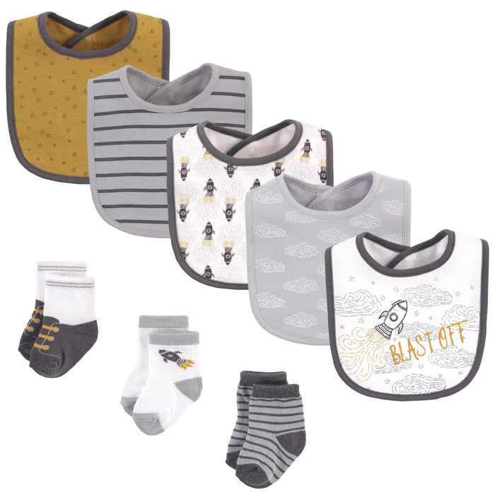 Hudson Baby Infant Boy Cotton Bib and Sock Set 8 Pack, Blast Off, One Size