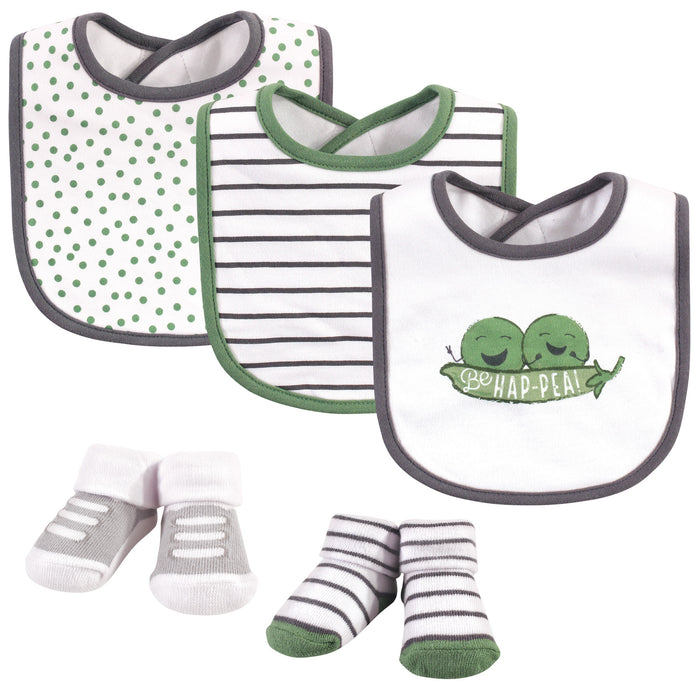 Hudson Baby Infant Cotton Bib and Sock Set 5-Pack, Peas, One Size