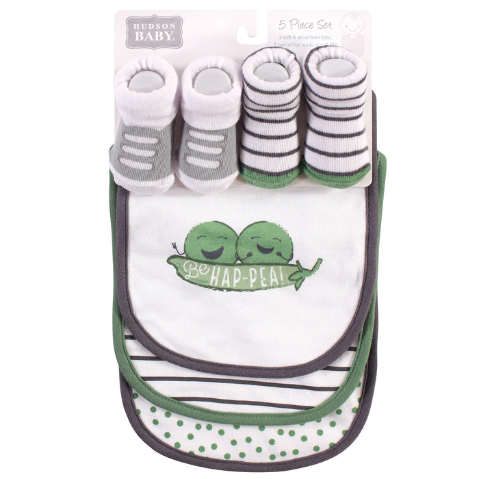 Hudson Baby Infant Cotton Bib and Sock Set 5-Pack, Peas, One Size