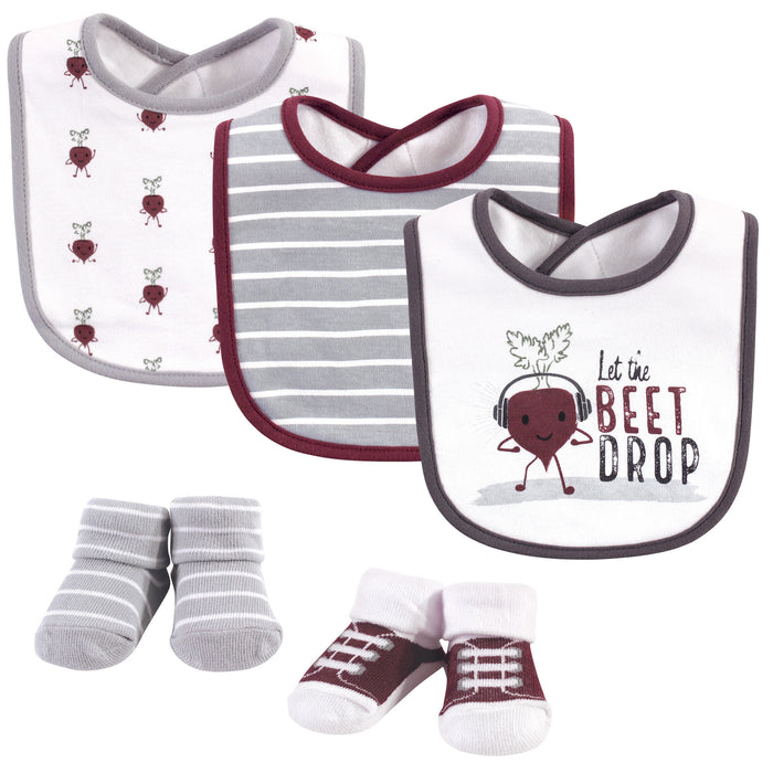 Hudson Baby Infant Boy Cotton Bib and Sock Set 5 Pack, Drop The Beet, One Size