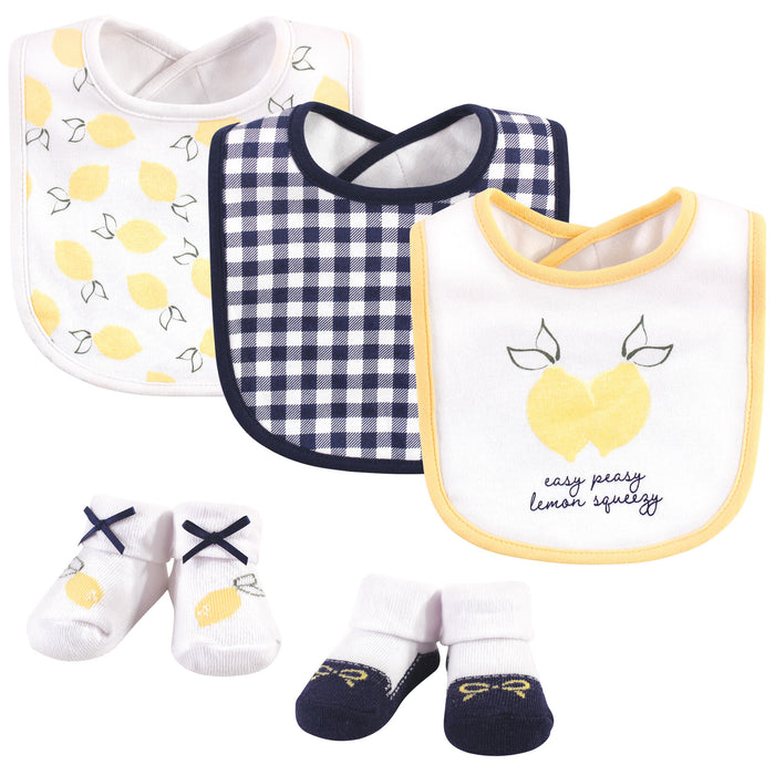 Hudson Baby Infant Girl Cotton Bib and Sock Set 5 Pack, Easy Peasy, One Size