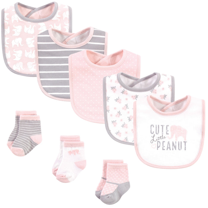 Hudson Baby Infant Girl Cotton Bib and Sock Set 8 Pack, One Size