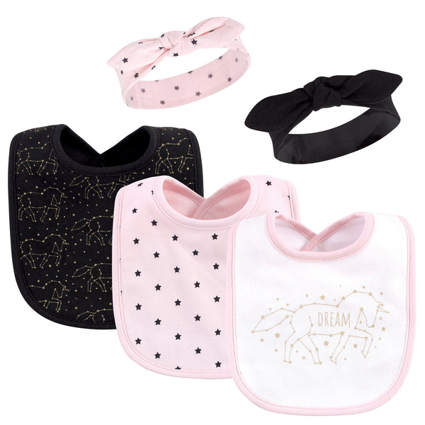 Hudson Baby Infant Girl Cotton Bib and Headband Set 5 Pack, Dream Unicorn, One Size