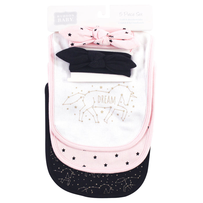 Hudson Baby Infant Girl Cotton Bib and Headband Set 5 Pack, Dream Unicorn, One Size