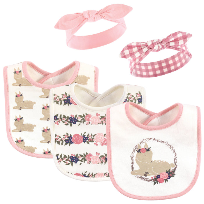 Hudson Baby Infant Girl Cotton Bib and Headband Set 5 Pack, Fawn, One Size