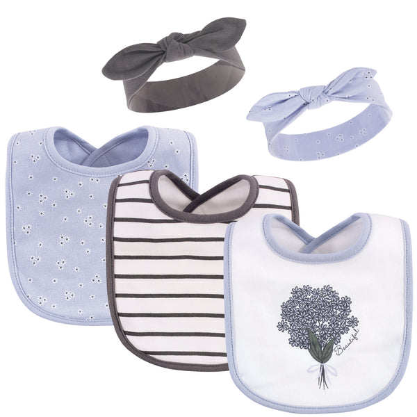 Hudson Baby Infant Girl Cotton Bib and Headband Set 5 Pack, Periwinkle, One Size