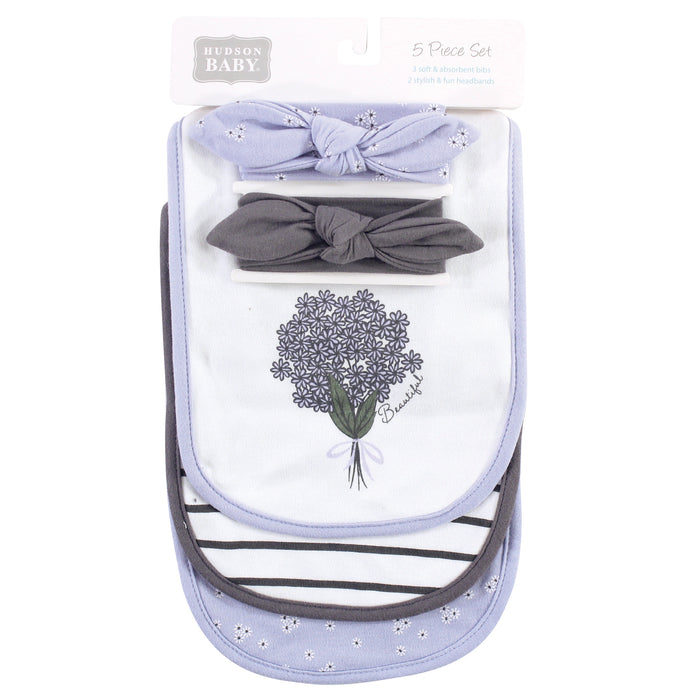 Hudson Baby Infant Girl Cotton Bib and Headband Set 5 Pack, Periwinkle, One Size