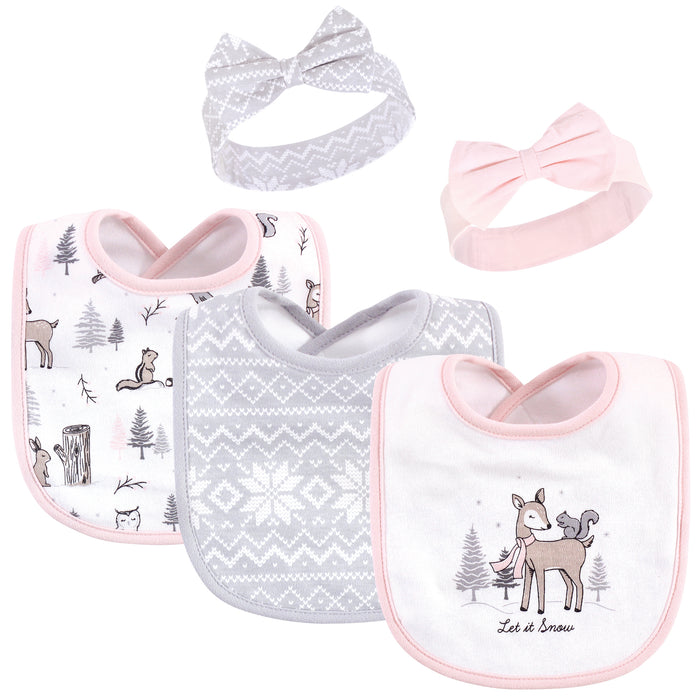 Hudson Baby Infant Girl Cotton Bib and Headband Set 5 Pack, Winter Forest, One Size