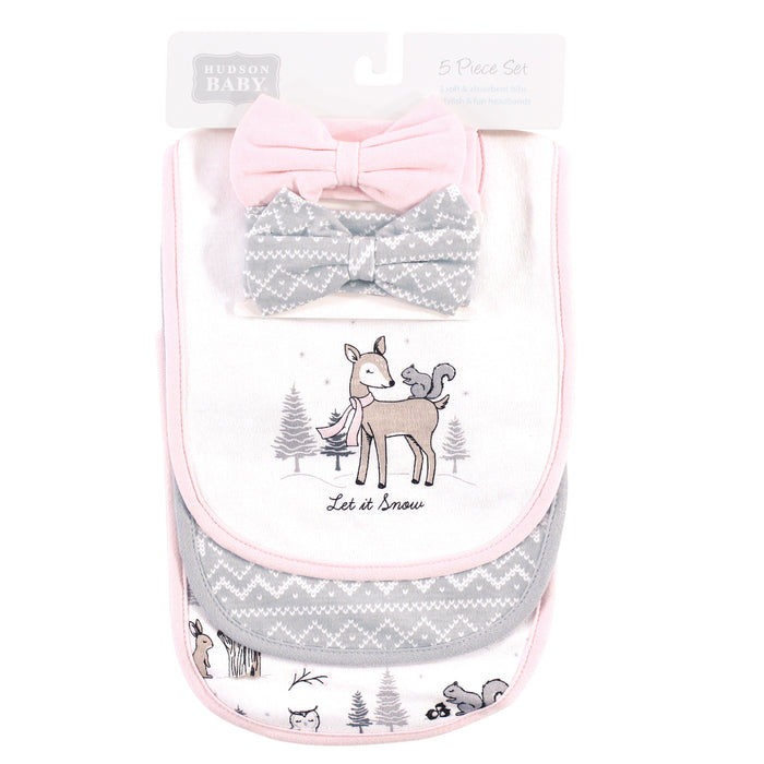 Hudson Baby Infant Girl Cotton Bib and Headband Set 5 Pack, Winter Forest, One Size