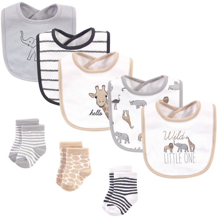 Hudson Baby Infant Cotton Bib and Sock Set 8-Pack, Modern Safari Animals, One Size