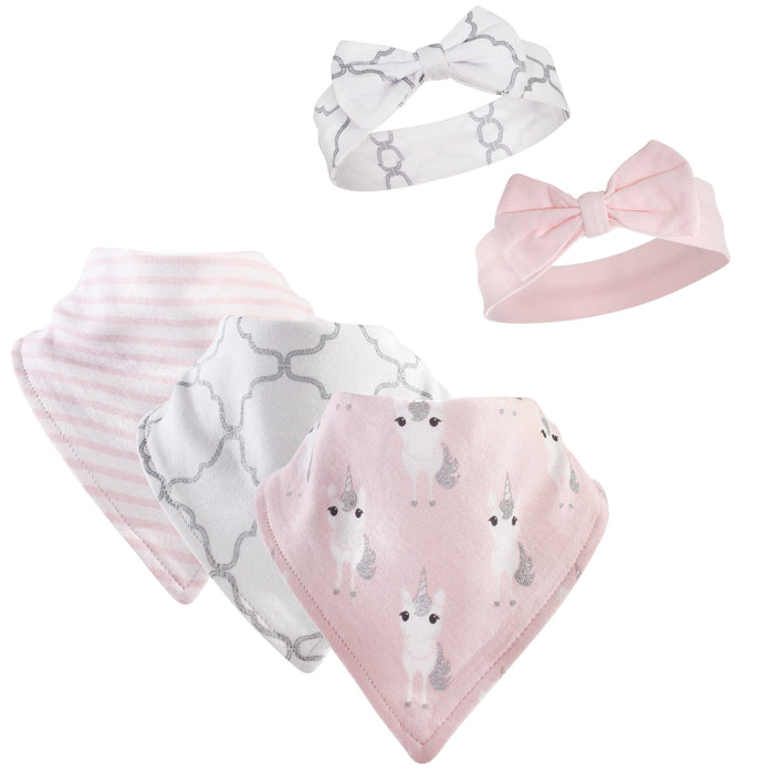 Hudson Baby Infant Girl Cotton Bib and Headband Set 5 Pack, Pink Unicorn, One Size