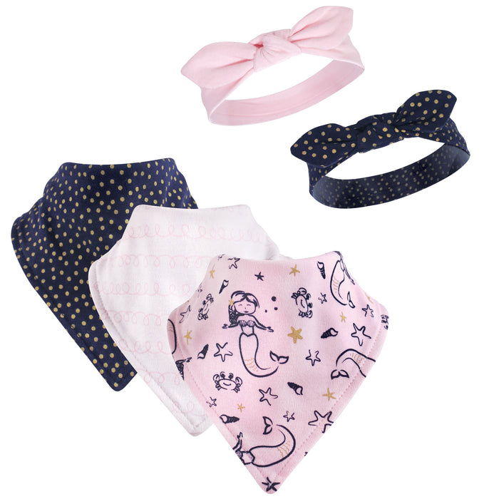 Hudson Baby Infant Girl Cotton Bib and Headband Set 5 Pack, Mermaid, One Size