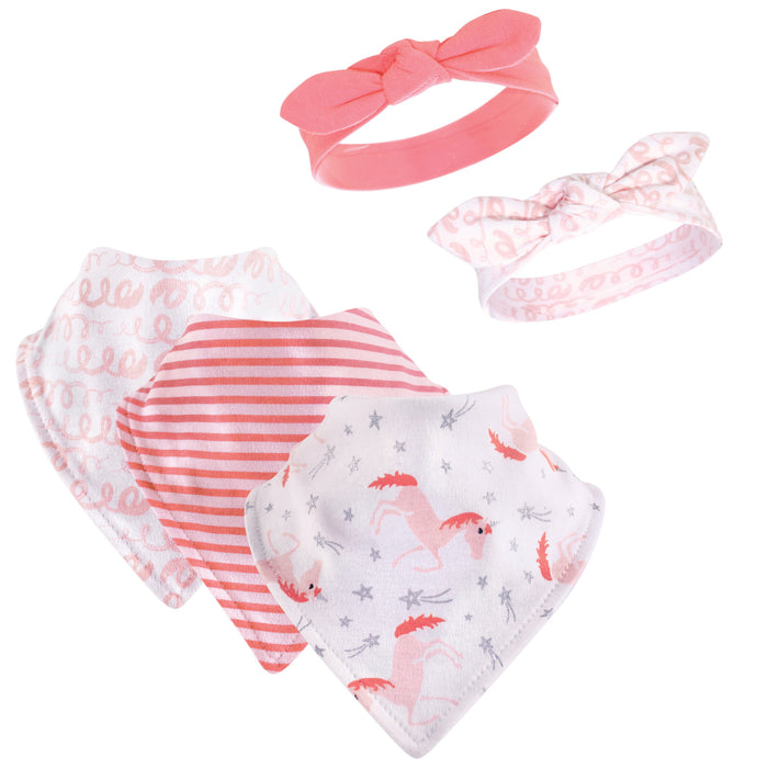 Hudson Baby Infant Girl Cotton Bib and Headband Set 5 Pack, Coral Unicorn, One Size