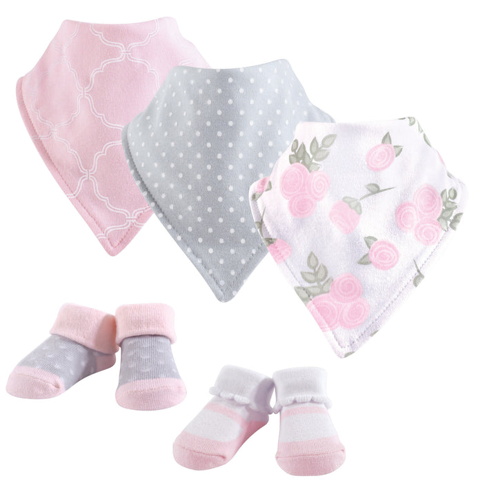 Hudson Baby Infant Girl Cotton Bib and Sock Set 5 Pack, Pink Rose, One Size