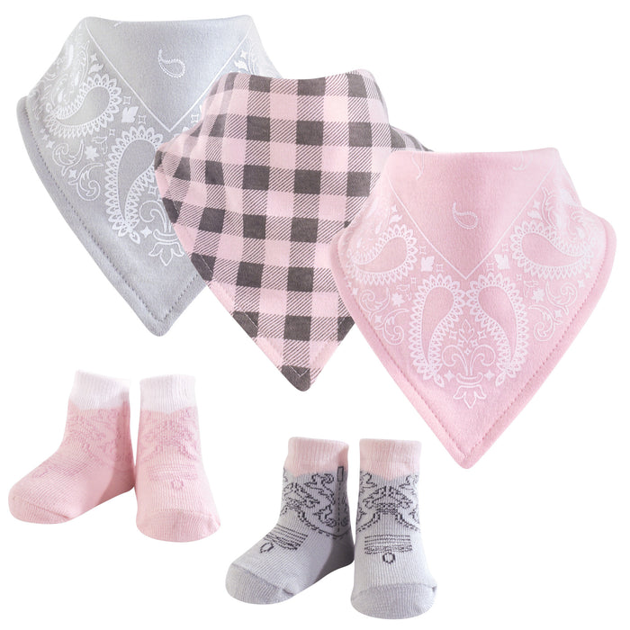 Hudson Baby Infant Girl Cotton Bib and Sock Set 5 Pack, Cowgirl, One Size