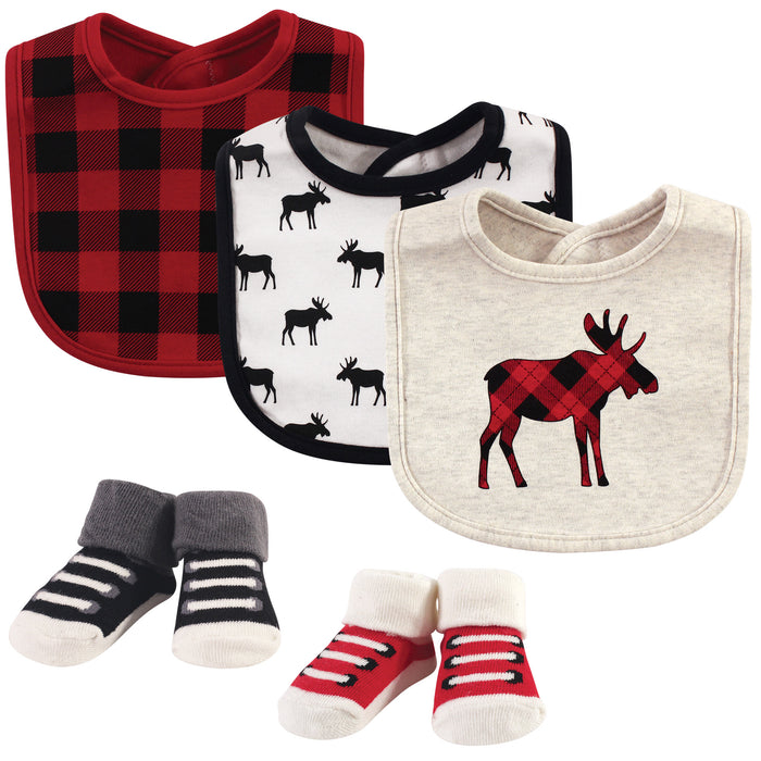 Hudson Baby Infant Cotton Bib and Sock Set 5-Pack, Moose, One Size