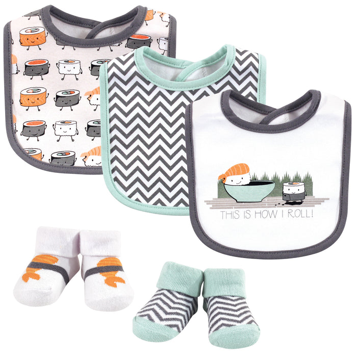 Hudson Baby Infant Boy Cotton Bib and Sock Set 5 Pack, Sushi, One Size