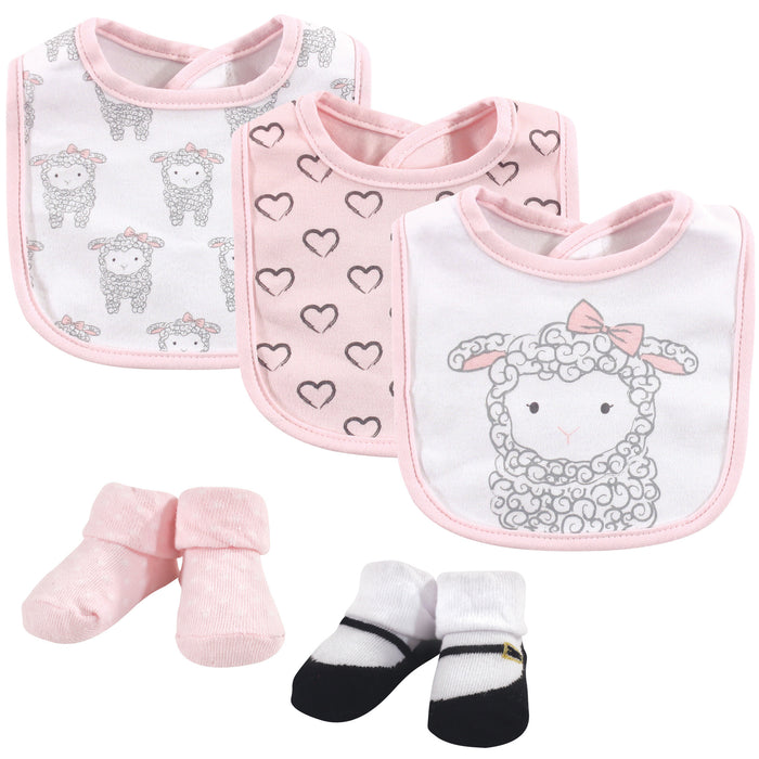 Hudson Baby Infant Girl Cotton Bib and Sock Set 5 Pack, Little Lamb, One Size