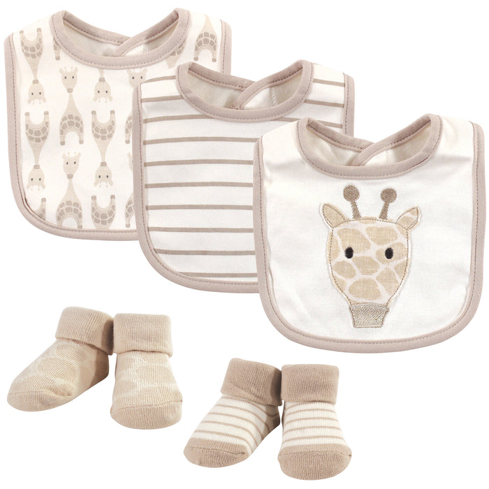 Hudson Baby Infant Cotton Bib and Sock Set 5-Pack, Giraffe, One Size