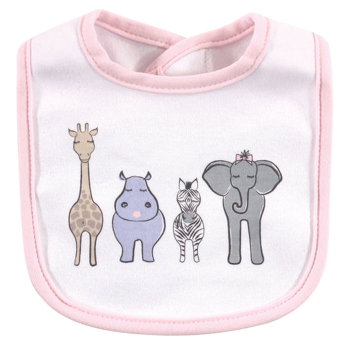 Hudson Baby Infant Girl Cotton Bib and Headband Set 5 Pack, Pink Safari, One Size