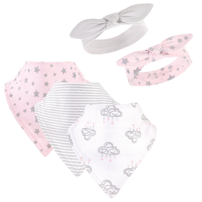 Hudson Baby Infant Girl Cotton Bib and Headband Set 5 Pack, Cloud Mobile Pink, One Size