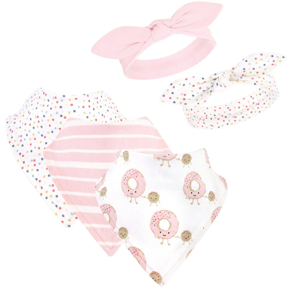 Hudson Baby Infant Girl Cotton Bib and Headband Set 5 Pack, Donut Hole