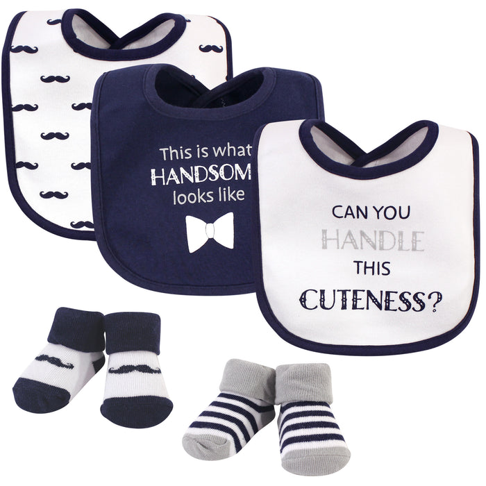 Hudson Baby Infant Boy Cotton Bib and Sock Set 5 Pack, Handle This Cuteness, One Size