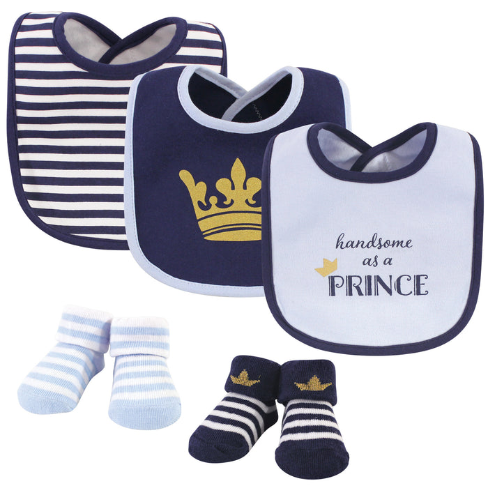 Hudson Baby Infant Boy Cotton Bib and Sock Set 5 Pack, Handsome As A Prince, One Size