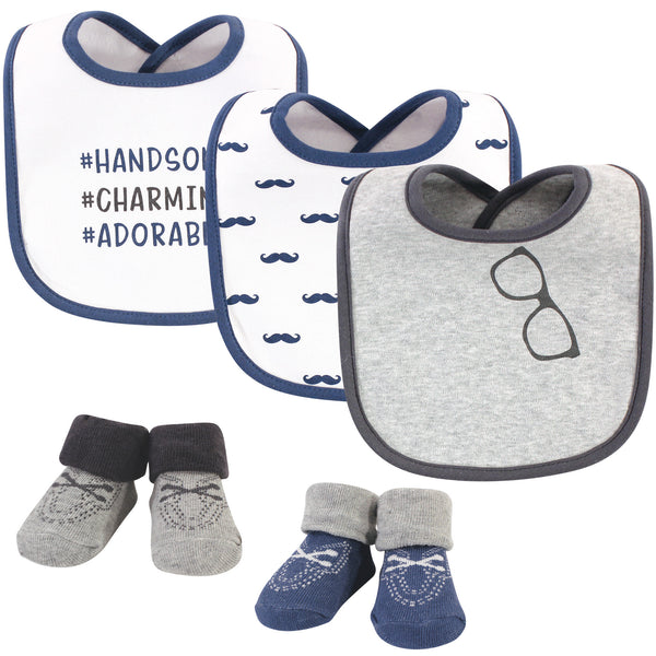 Hudson Baby Infant Boy Cotton Bib and Sock Set 5 Pack, Handsome Charming Adorable