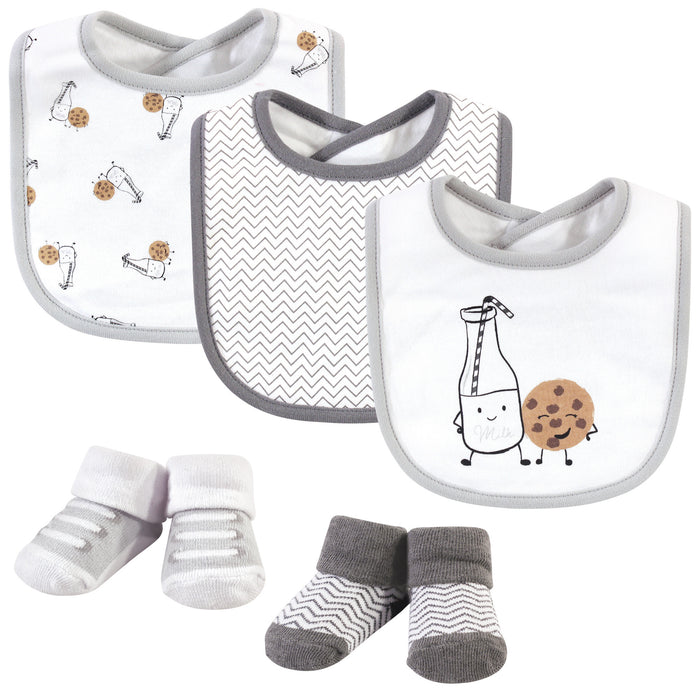 Hudson Baby Infant Cotton Bib and Sock Set 5-Pack, Milk And Cookies, One Size