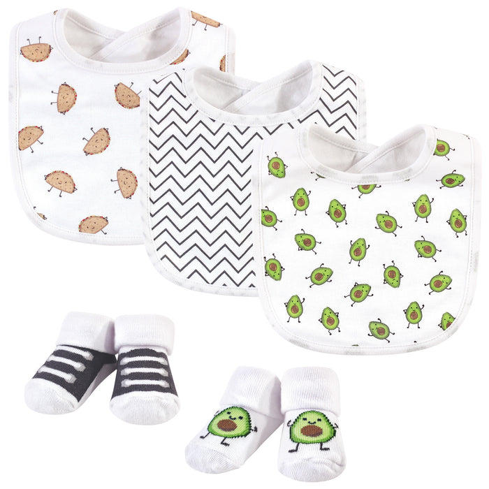 Hudson Baby Infant Cotton Bib and Sock Set 5-Pack, Avocado Taco, One Size