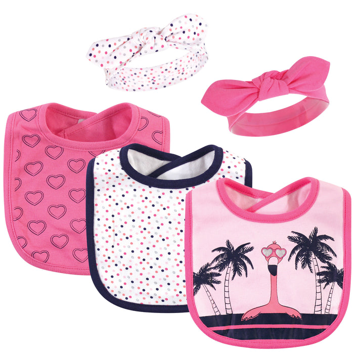 Hudson Baby Infant Girl Cotton Bib and Headband Set 5 Pack, Tropical Flamingo, One Size