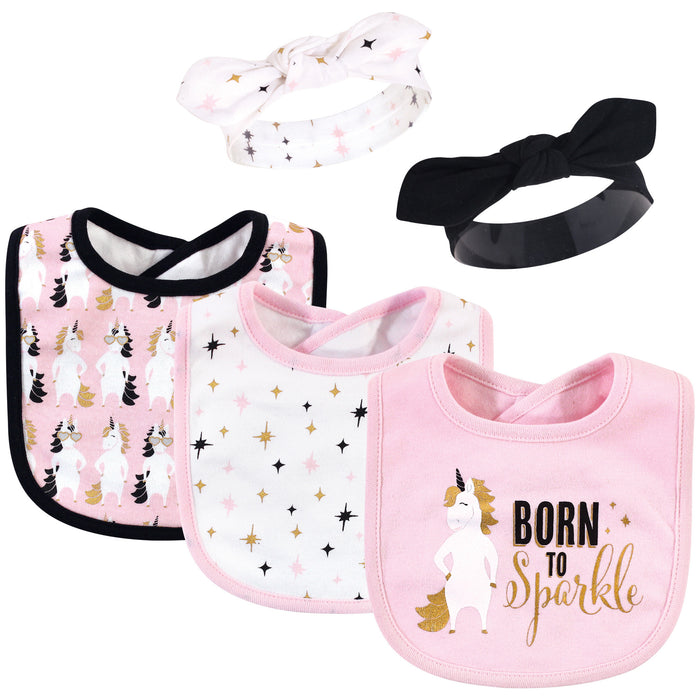 Hudson Baby Infant Girl Cotton Bib and Headband Set 5 Pack, Sparkle Unicorn, One Size