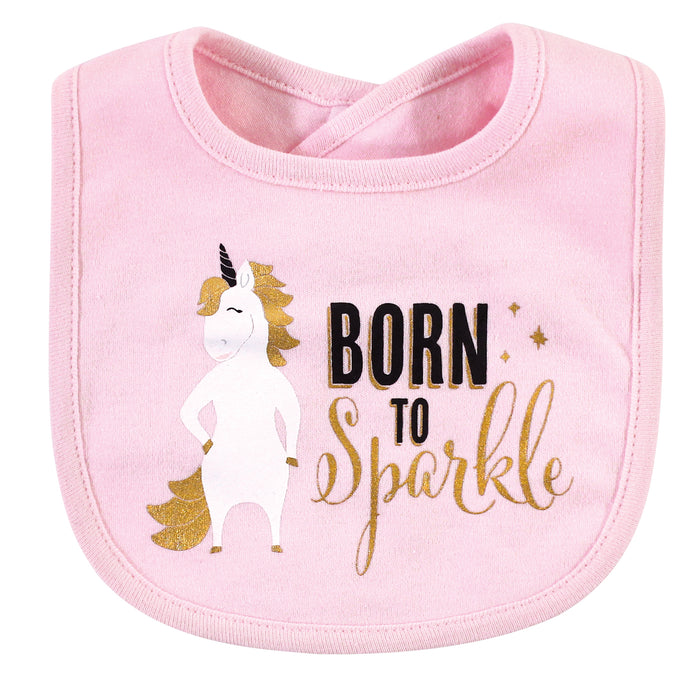 Hudson Baby Infant Girl Cotton Bib and Headband Set 5 Pack, Sparkle Unicorn, One Size