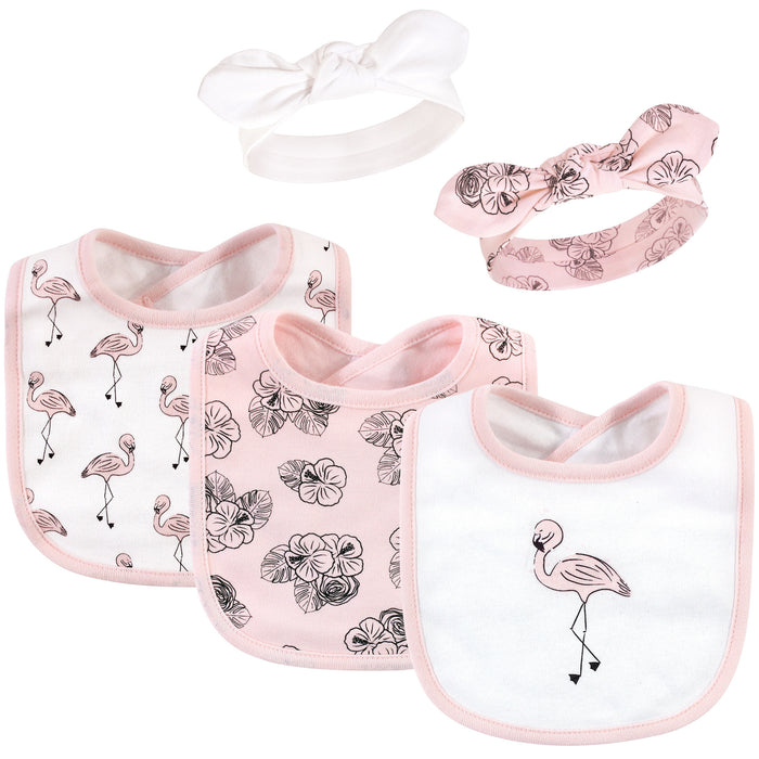 Hudson Baby Infant Girl Cotton Bib and Headband Set 5 Pack, Painted Flamingo, One Size