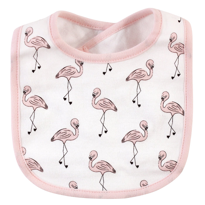 Hudson Baby Infant Girl Cotton Bib and Headband Set 5 Pack, Painted Flamingo, One Size