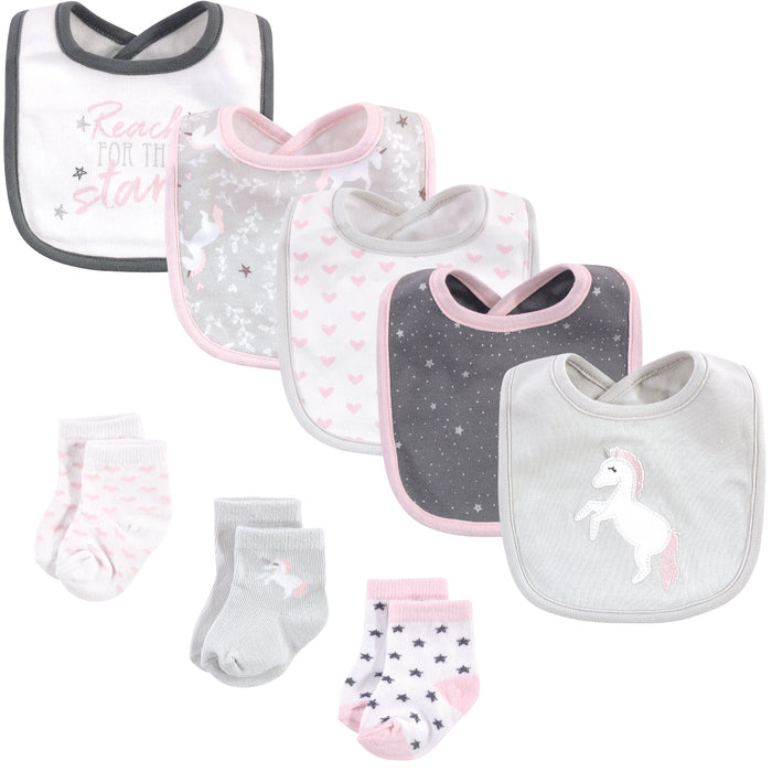 Hudson Baby Infant Girl Cotton Bib and Sock Set 8 Pack, One Size